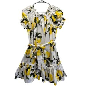 AQUA Lemon Print Cotton Ruffle Mini Dress White Yellow Small